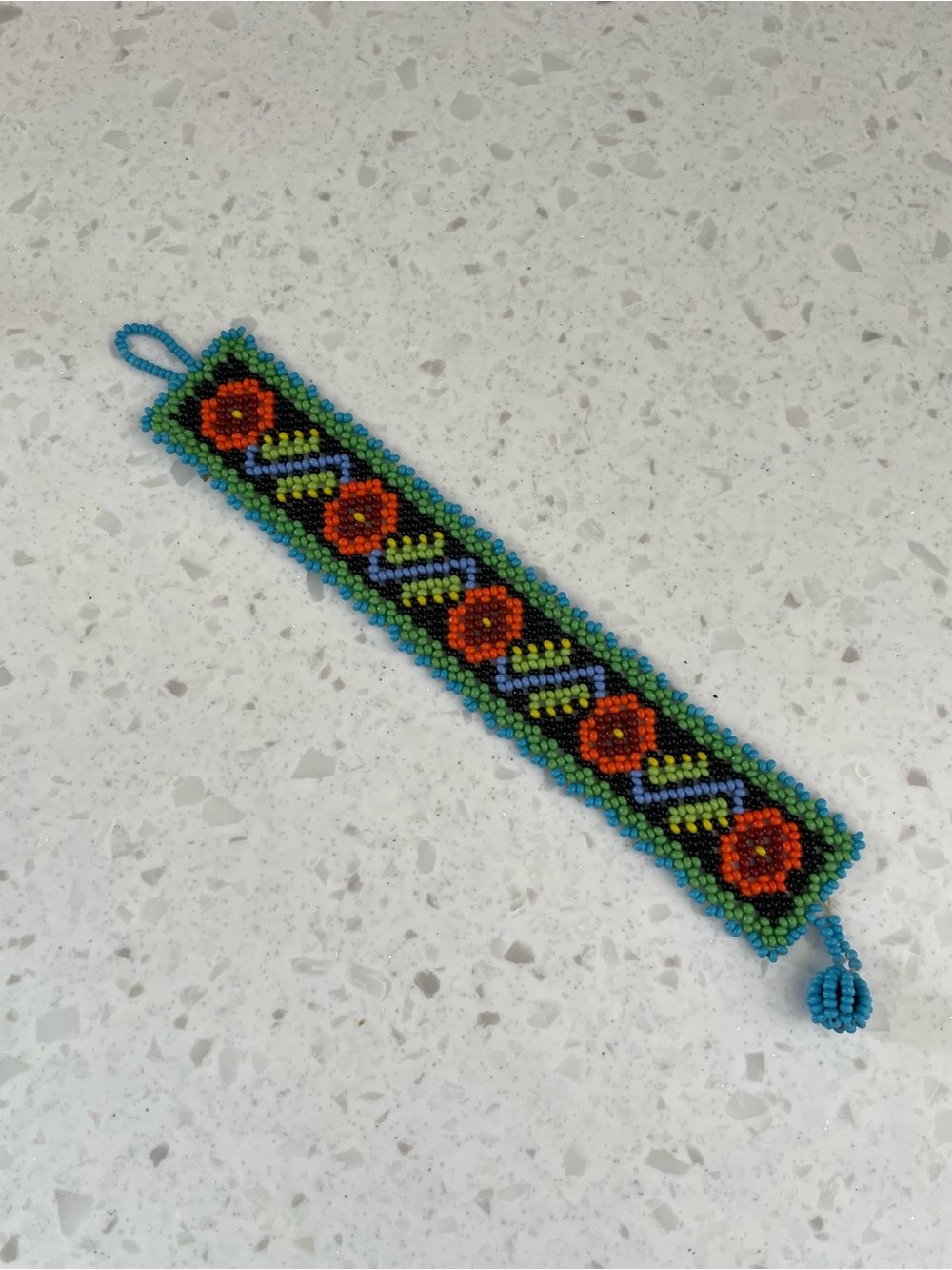 Handmade Bohemian Beaded Bracelet — Turquoise, Orange & Lime Floral Design